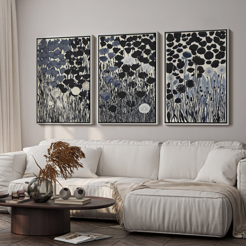 Art mural moderne encadré botanique moderne noir et gris 3 pièces, H 36 po x l 24 po, Blanc
