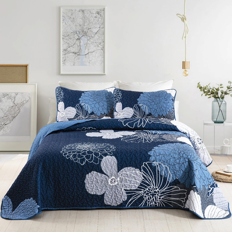 Ensemble de courtepointe 3 pièces avec imprimé floral, Courtepointe très grand et 2 très grandes taies, Marine