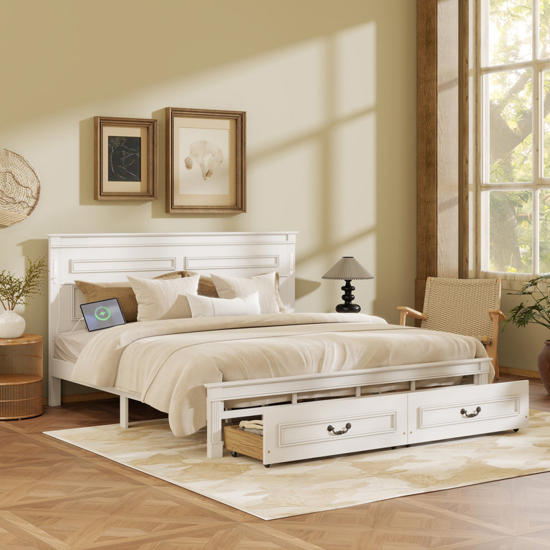 Très grand lit avec tête et pied de lit à grand panneau, 2 tiroirs de rangement, lumières DEL intégrées, station de charge USB, lit en bois de pin avec cadre de lit renforcé, blanc