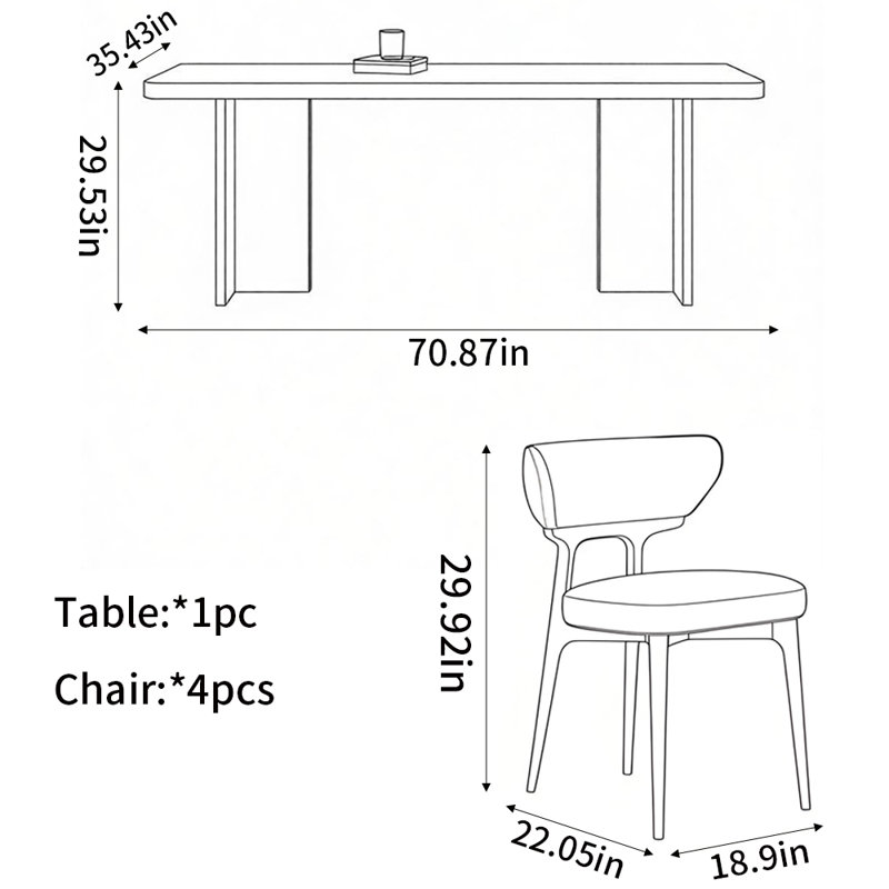 Ensembles de table à manger de style moderne, H 29,53 po x l 70,87 po x P 35,43 po, 5 Pieces: Table, 4 Chairs