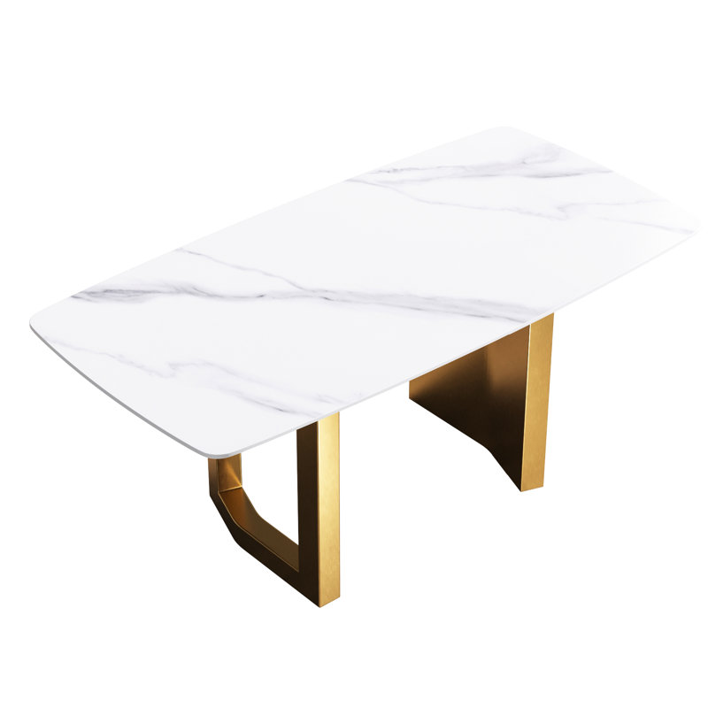 Table rectangulaire 70,42 "en pierre artificielle blanche avec pieds en métal doré - sièges 6-8, teinture, chaleur, cales frittées, endurance à haute température, design élégant