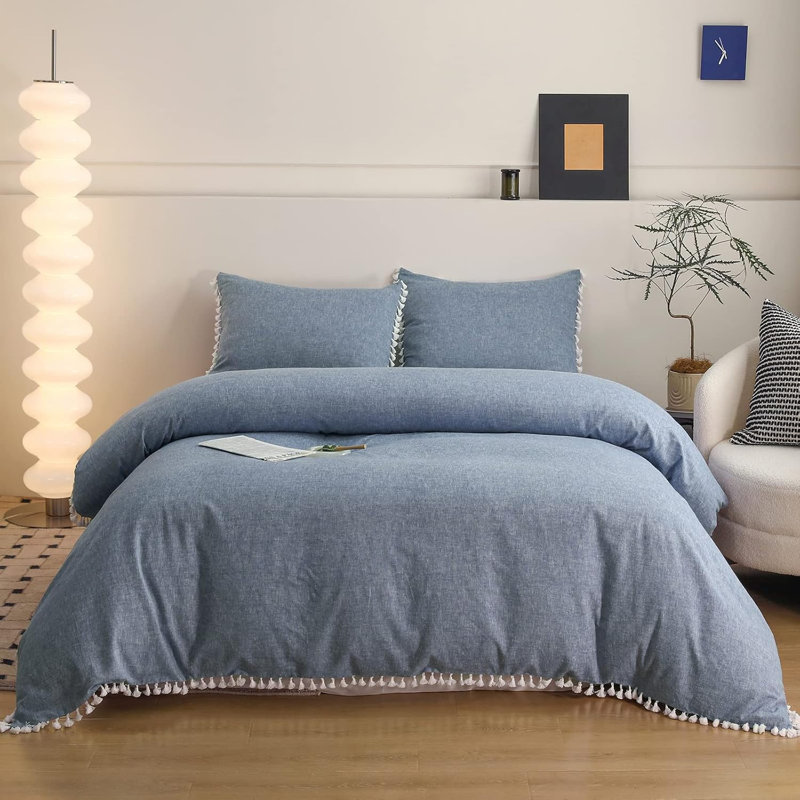 Linen Cotton Blend Bedding Set with Tassel Trim(Dark Blue,Queen), Dark Blue, Queen Duvet Cover + 2 Standard Pillowcases