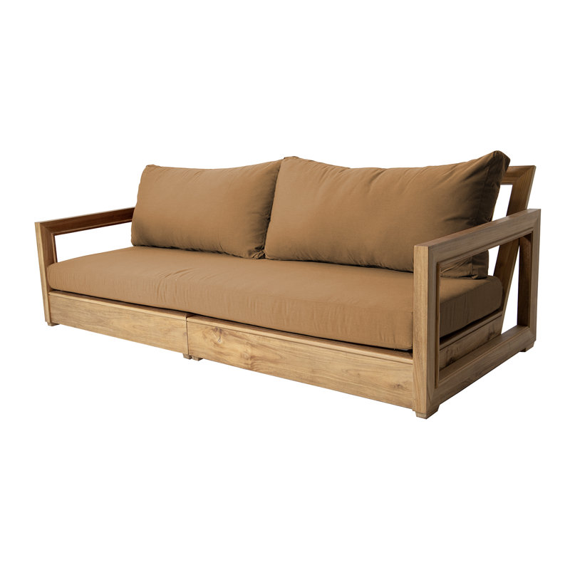 Crelake 107'' Wide Rectangular Teak Patio Sofa with Sunbrella® Cushions, Canvas Camel Sunbrella® Canvas