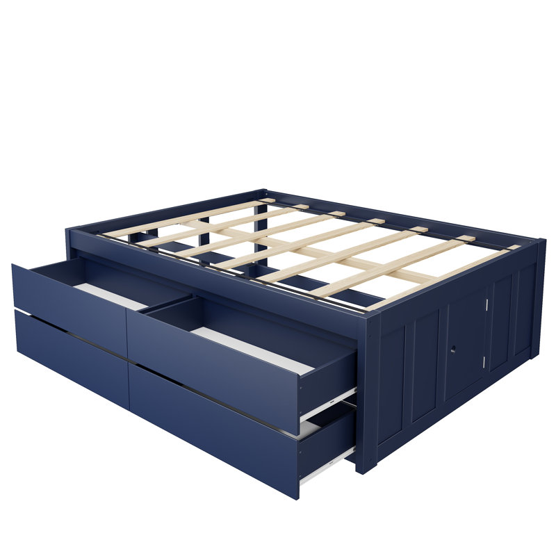 Lit capitaine double avec 4 tiroirs de rangement, porte de rangement latérale, cadre de lit plateforme en bois, sans sommier, bleu marine