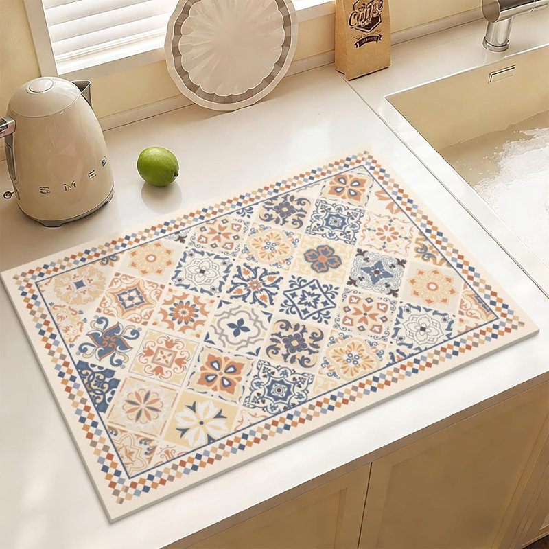 Tapis à café bohème ultra-absorbant et antidérapant pour égoutter la vaisselle, idéal comme cadeau de pendaison de crémaillère ou pour la décoration intérieure (44,5 x 75 cm).