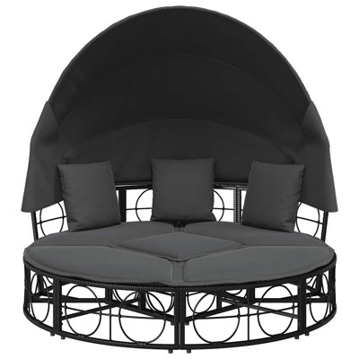  Patio Lounge Bed With Canopy And Cushions Black Poly Rattan