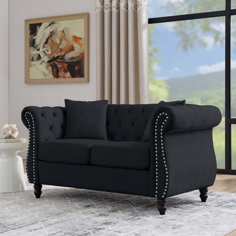 Canapé Chesterfield 58,8 po en velours noir pour salon, canapé 2 places capitonné avec accoudoirs roulés et tête de clou