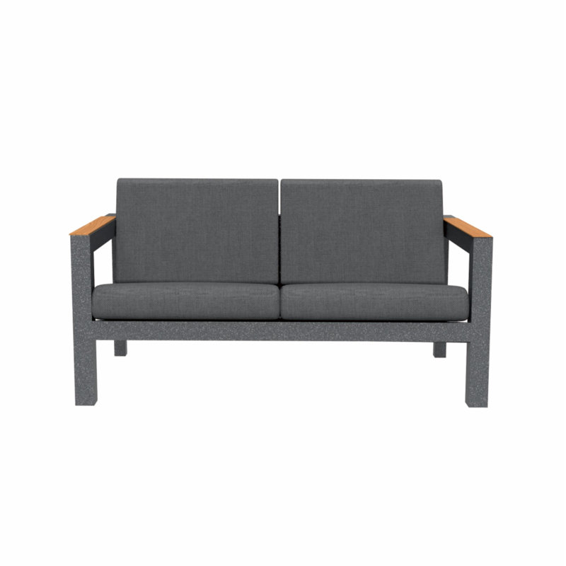 Aluminum Patio Armchair with Olefin Cushion, FSC Teak Accents & Wood Grain Armrests, Loveseat