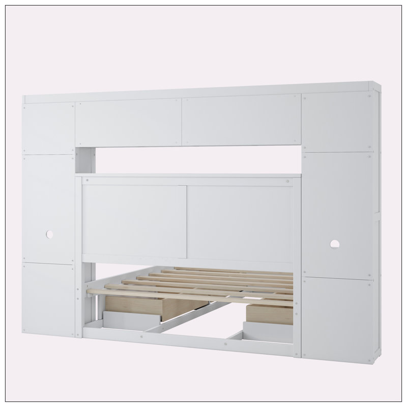 Murphy Shaped Solid Wood Bookcase Bed Frame With Bookcase Headboard and 4 Drawers,Platform Bed,Storage Bed, White