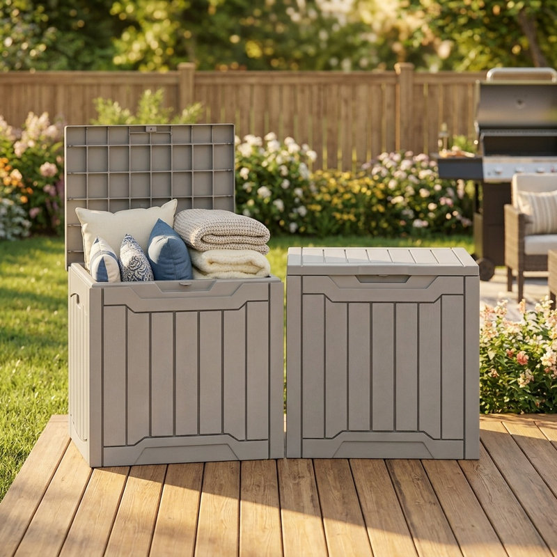 Boîte de rangement extérieure résistante aux intempéries 32 gallons Edrosie Inc, Light Brown