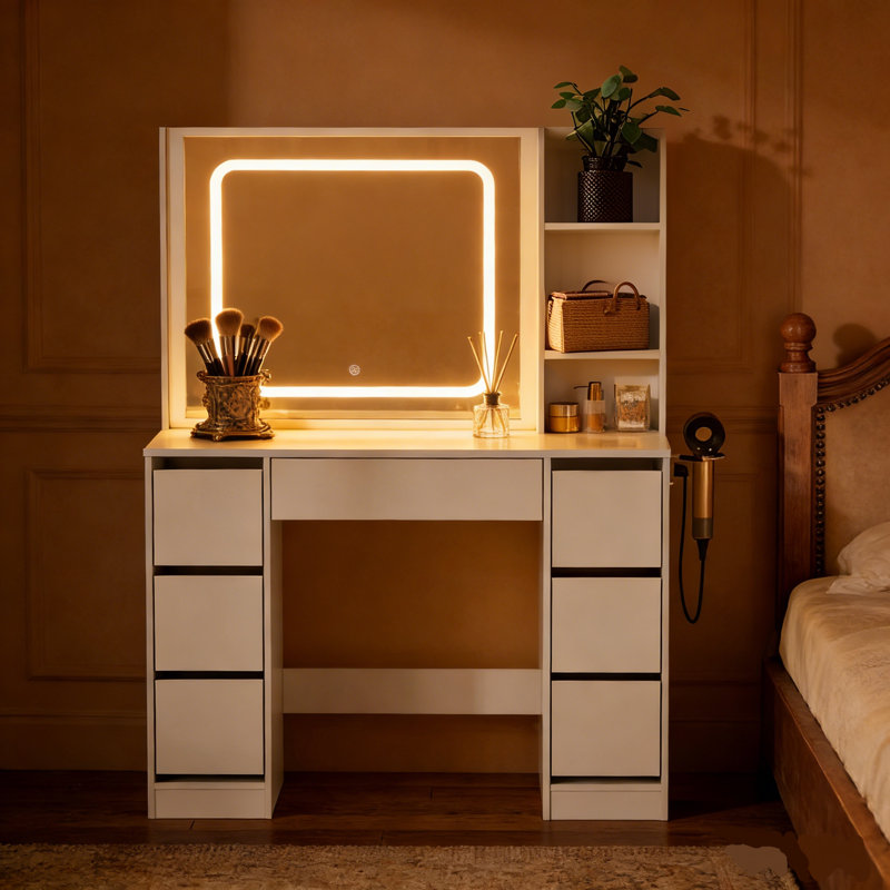 Coiffeuse de maquillage blanche minimaliste avec miroir à DEL réglable, station de charge intégrée et 7 tiroirs - Coiffeuse moderne pour chambre à coucher et vestiaire
