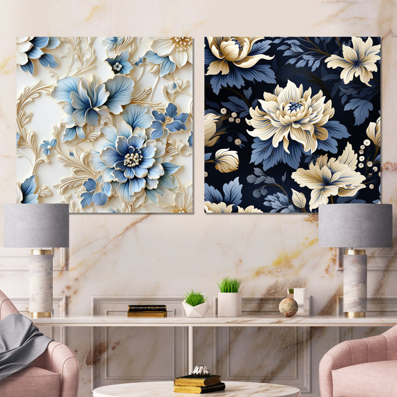 Felicien - Ensemble de salon mural floral 2 pièces, Toile tendue, H 16 po x l 33 po x P 1 po