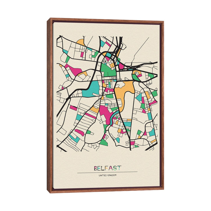 Belfast, United Kingdom Map by Ayse Deniz Akerman - Floater Frame Print on Canvas, Brown Floater Frame