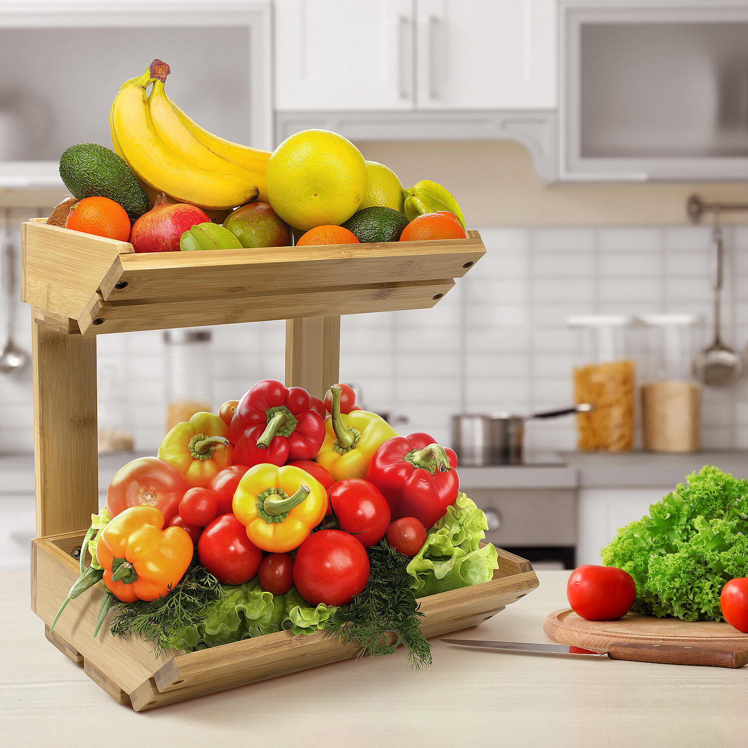 Wood Fruit Vegetable Storage Rack Stand, 4-Tier Storage Organizer