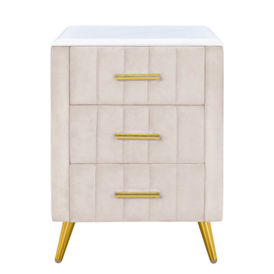 Upholstered Nightstand With 3 Drawers & Metal Features - Beige Touch Bedside Table 3 Legs