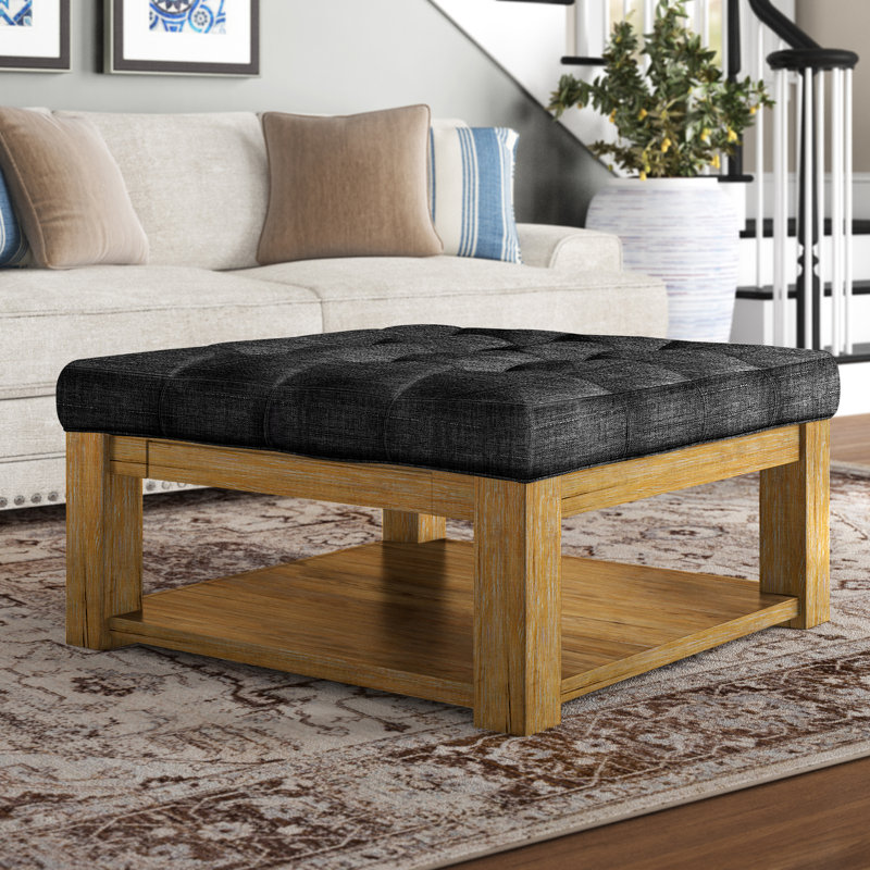 Arthuro Upholstered Ottoman, Heathered Dark Grey Linen, Espresso
