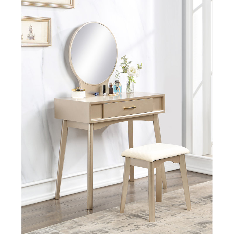 Contemporary Gold Vanity - With Stool, Mirror And Storage Feature Modern Stool , Wood Frame With Drawer For Photography, Gold