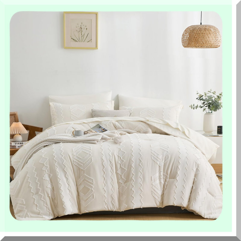 Boho Chic Geometric Queen Bedding Set - 7 Piece Comforter Bed in a Bag with Tufted Embroidery & Microfiber Sheets for All Seasons
