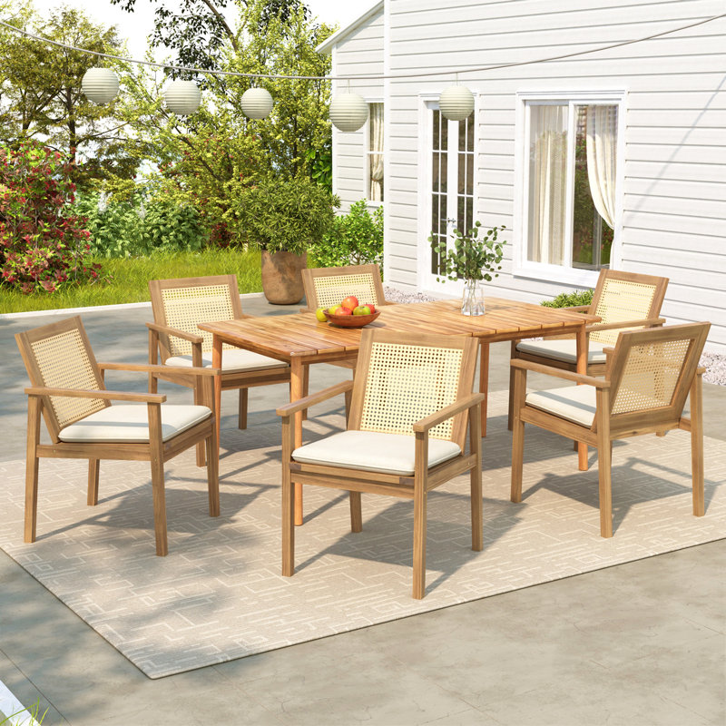 Outdoor Patio 7Pcs Dining Set, 6Pcs Acacia Wood Dining Chair With Beige Cushion, 1Pc Acacia Wood Dining Table