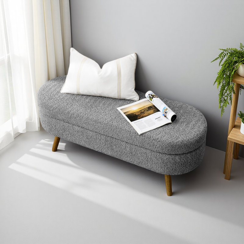 Ottoman Oval Storage Bench,Rubber Wood Legs, Gray