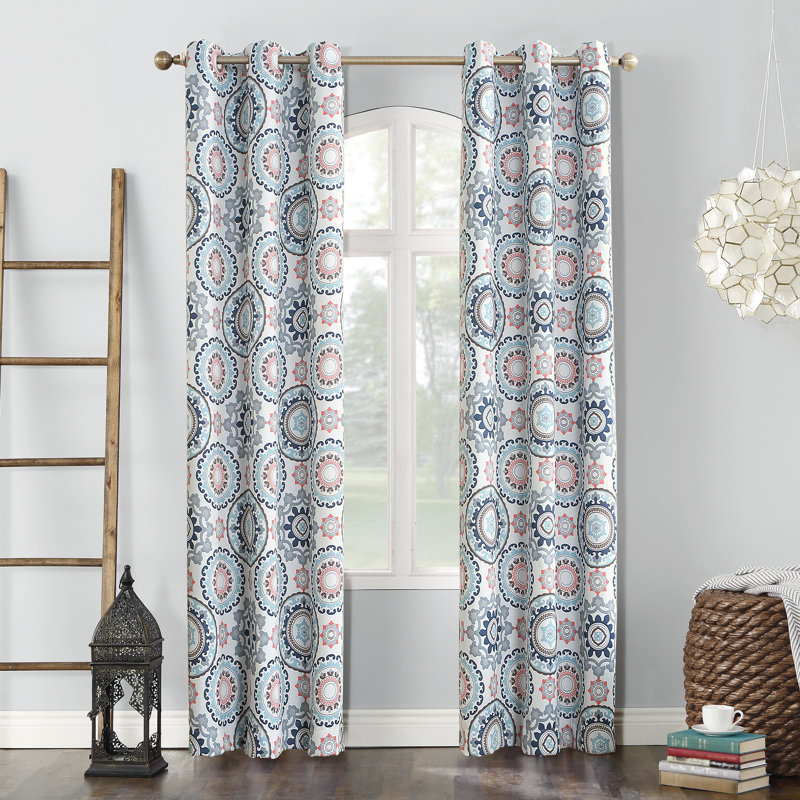 Sun Zero Nepal Global Medallion Print Blackout Grommet Curtain Panel, 40" W x 84" L, Blue/White