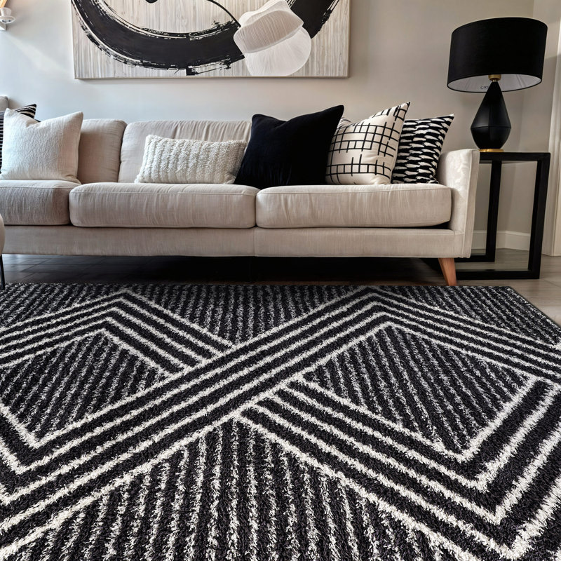 Abstract Geometric Pattern Shag Rug – Anthracite Dark Gray – Medium Pile, Durable & Stylish, Rectangle 5' x 7'