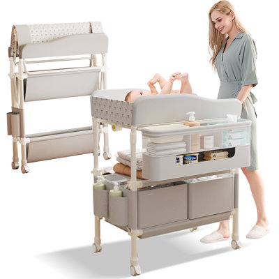Baby Changing Table, Versatile Folding Changing Table With 2 Drawers, Portable Baby Diaper Changing Station With Toy Holder, Adjustable Height Mobile