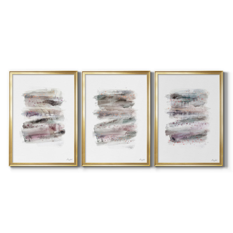 «Layers On Layers I - Toile tendue avec châssis sur mesure - 3 pièces, H 30 po x l 63 po, Doré