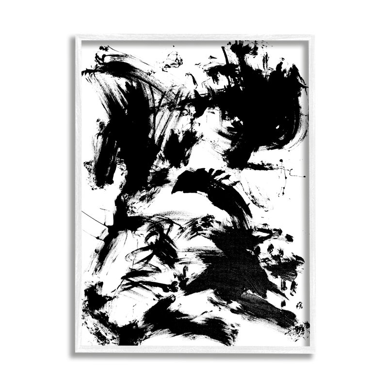 «Chaotic Black Splattered Abstraction Busy Mouvement» par Allan Friedlander - Peinture, Giclée encadrée blanc bord de mer