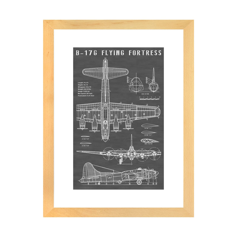 Avion Bombardier rétro B-17 | Noir-imprimé de dessin, H 32 po x l 24 po x P 1 po, Toile avec cadre en bois beige, Blanc