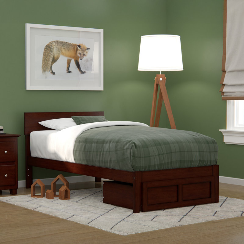 Lit plateforme avec rangement en bois massif Farrah, Noyer, Simple