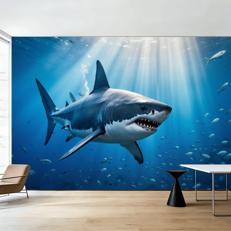 Papier peint adhésif pelez et collez, grand requin blanc nageant sous les rayons du soleil, art mural auto-adhésif et amovible