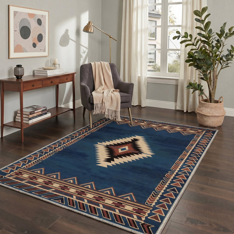 Abrahamson Vega Geometric Machine Washable Blue / Brown Indoor Area Rug with Non-Slip Backing, Rectangle 5' x 7'