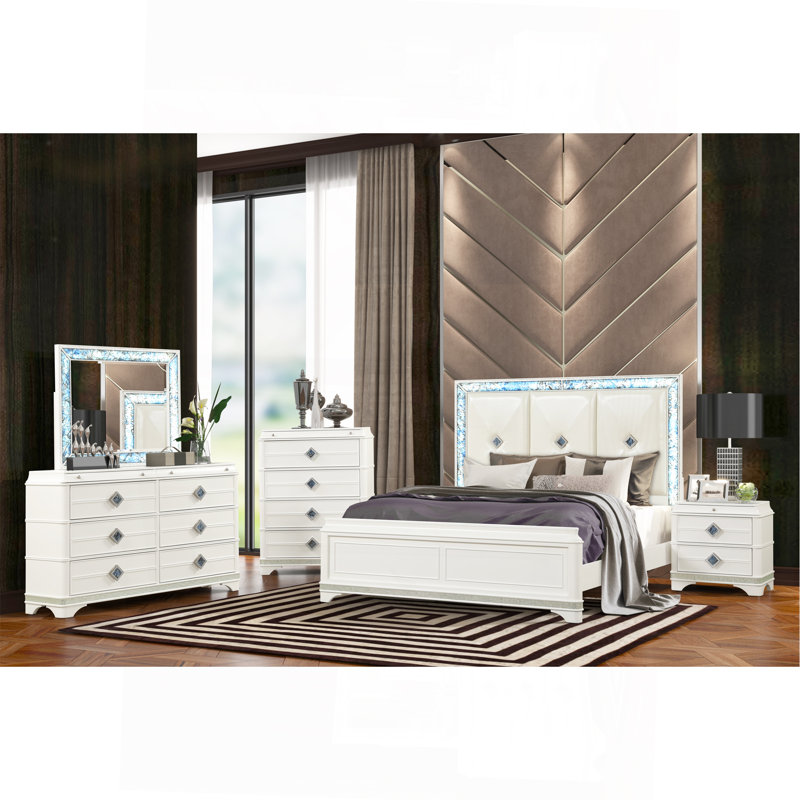 Grand lit tapissier de style moderne en bois, White, Grand lit