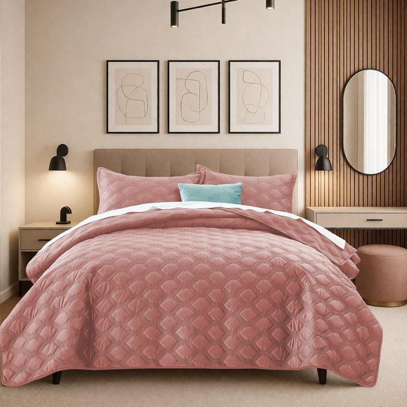 Reversible Diamond Embossed Bedspread Set – Geometric Quilt With Shams, Queen Bedspread Set with 2 Pillow Shams