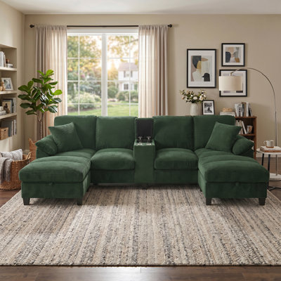 Canapé modulaire moderne rembourré en velours côtelé de 116,9 po Ott Repose-pieds, porte-gobelets et ports USB pour le salon Design Conception de coussin d'accoudoir pour plus de confort Console Console centrale fonctionnelle