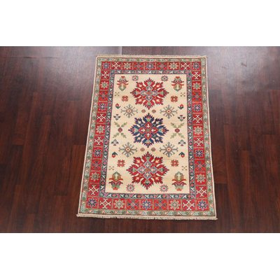Tapis beige en laine noué à la main de conception unique 4 pi x 5 pi 8 po