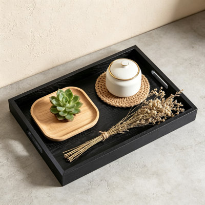 Wooden Serving Tray with Handles, 16.9 Inch Coffee Table Tray for Daily Use, Farmhouse Wood Tray for Breakfast, Lunch, Dinner, Home Kitchen Dining Tabletop Decor