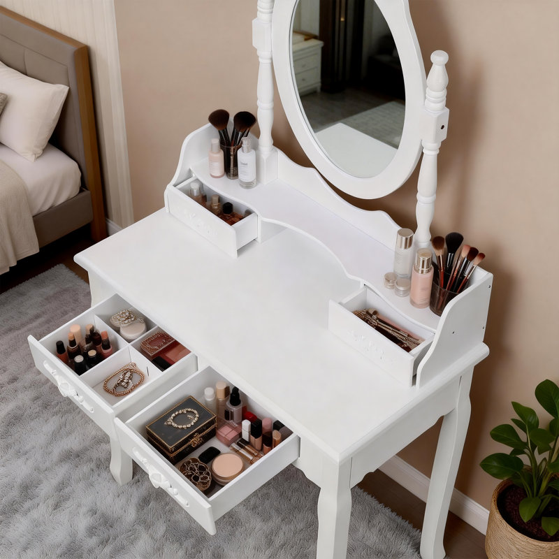 White Wooden Makeup Vanity Desk Set With Mirror & Cushioned Stool, 4 Drawers, Dressing Table For Girls' Bedroom | Gift Idea