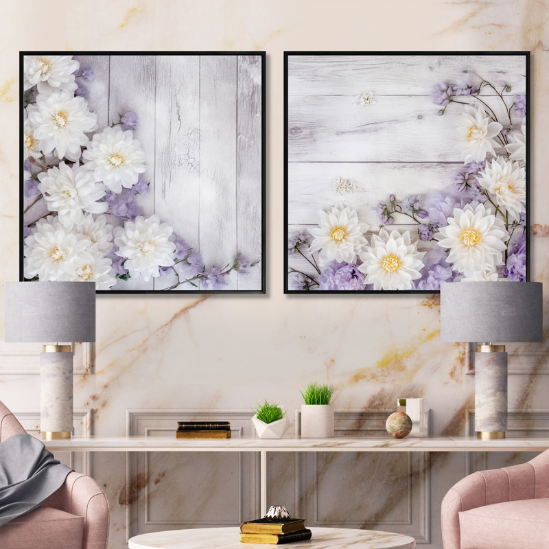Ensemble de 2 fleurs de magnolia blanches et mauves - collage carré floral, Cadre flottant noir, H 16 po x l 33 po