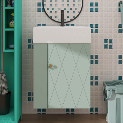 20 Inch Compact Bathroom Vanity, Ceramic Sink, Diamond-Patterned Door, Gold Handles, Side Shelves