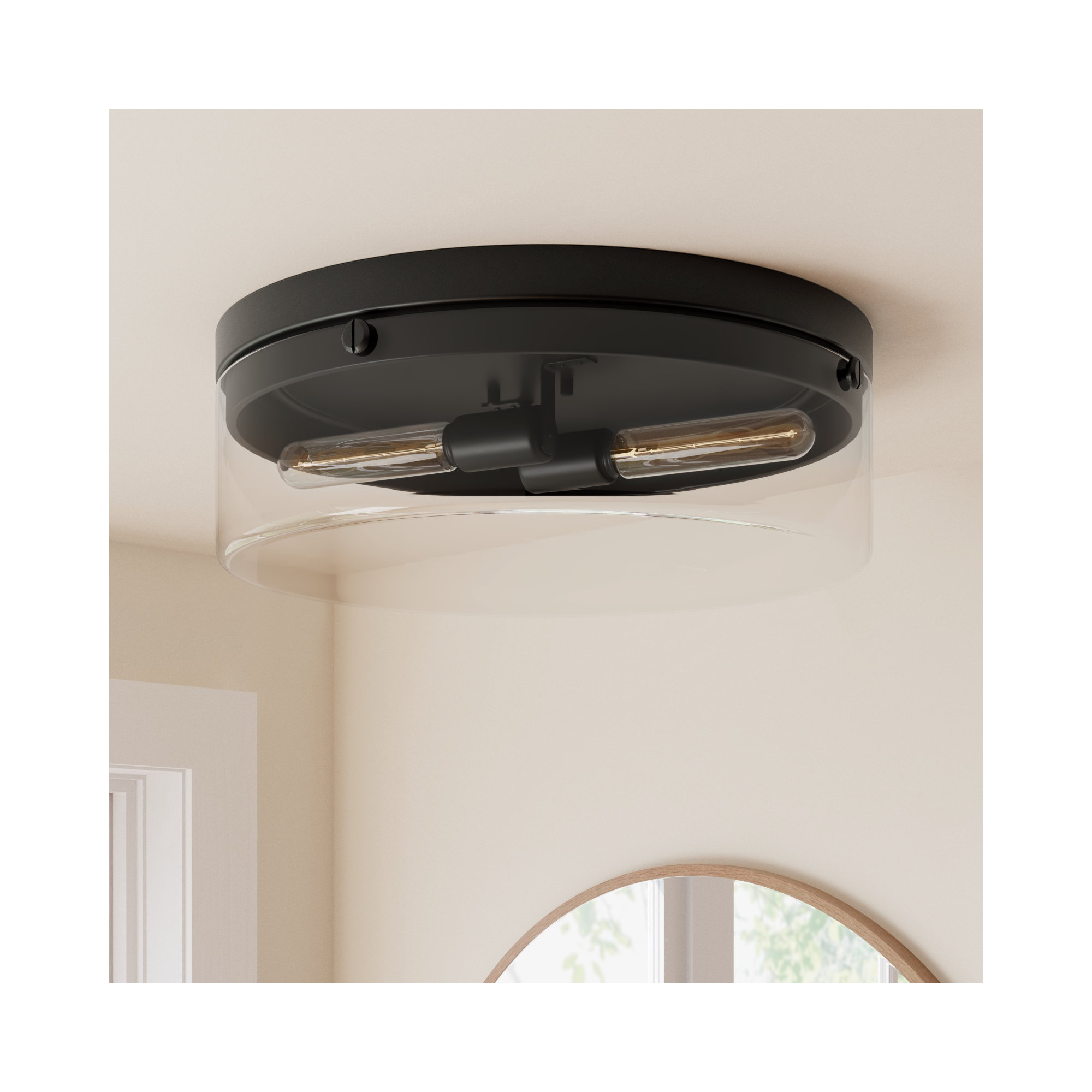 2 Light Glass Flush Mount, 6.5" H x 18.38" W x 18.38" D
