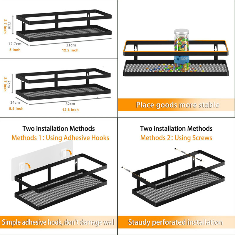 Ensemble de 2 paniers de rangement suspendus à fixation murale, support de bac de rangement en fil métallique, Noir