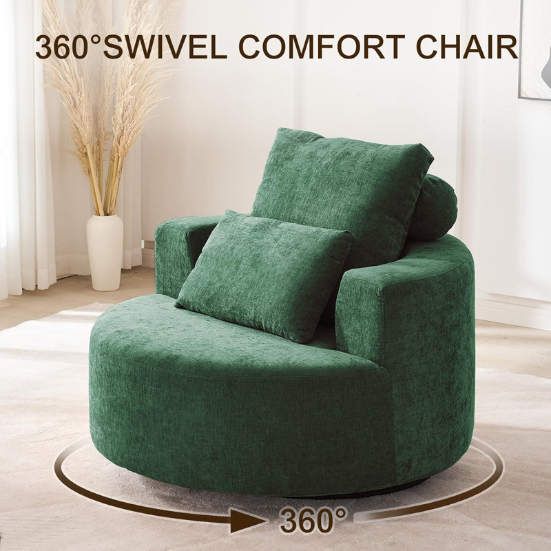 Oversized Barrel Accent Chair, 360° Swivel Round Upholstered Compression Sofa, Chenille High-Resilience Sponge, No Assembly Wide Seat