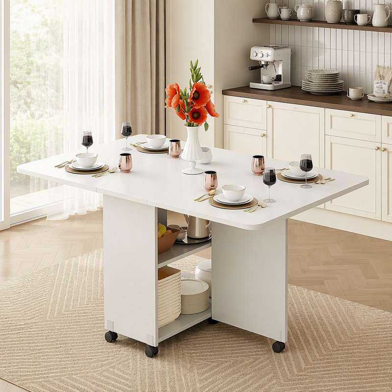 Table de salle à manger pliante à abattants avec 6 roulettes et 2 tablettes de rangement, table compacte pour petits espaces, P 47,2 po x l 23,6 po x H 30,3 po, blanc
