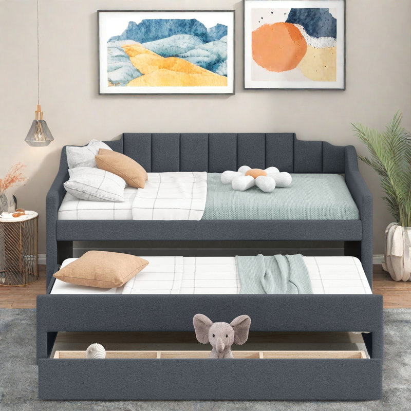 Upholstered Daybed With Trundle And 3 Drawers, Gray