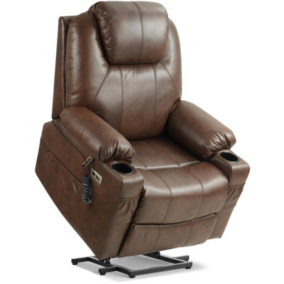 Fauteuil inclinable électrique à double moteur pour personnes âgées avec massage et chaleur, fauteuil électrique pour adultes avec repose-pieds allongé, USB A&C, 2 porte-gobelets (T6013 - similicuir, brun, moyen)