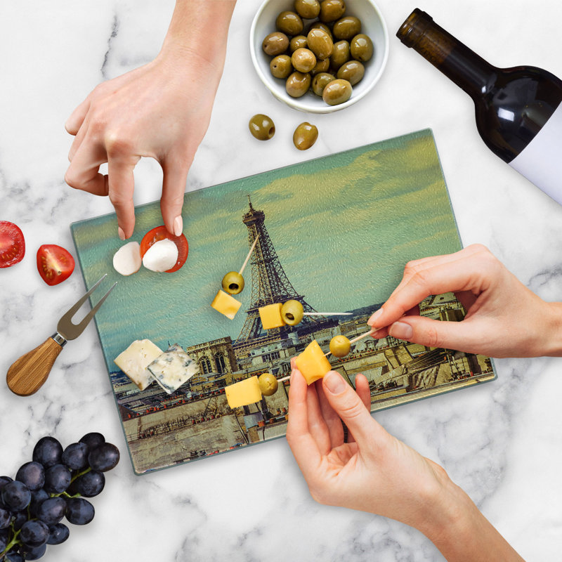 Planche à découper en verre trempé Ambesonne Tour Eiffel Paris Cityscape Amande vert jaune