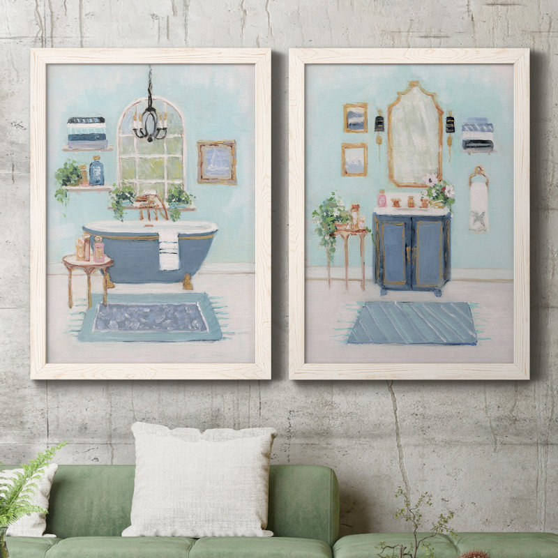 «Blue Bath I», peinture sur toile 2 pièces, H 20 po x l 34 po x P 1,5 po, Cadre blanc