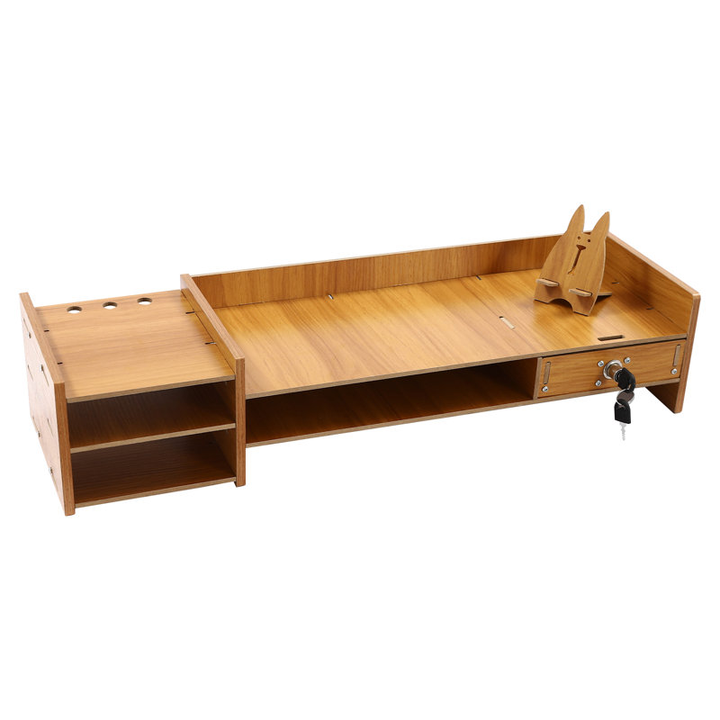 Solid Wood Desk Organizer Set Computer Monitor Stand with Lockable Drawer